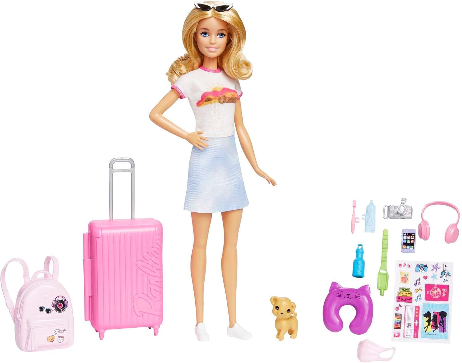 Păpușă Barbie, Travel Barbie cu păr blond, 10+ accesorii de călătorie, autocolante, valiză, cățeluș, incl. 1 păpușă, cadou pentru copii, jucărie de la 3 ani,Hjy18 Papusi Naty Shop Singur Barbie Malibu