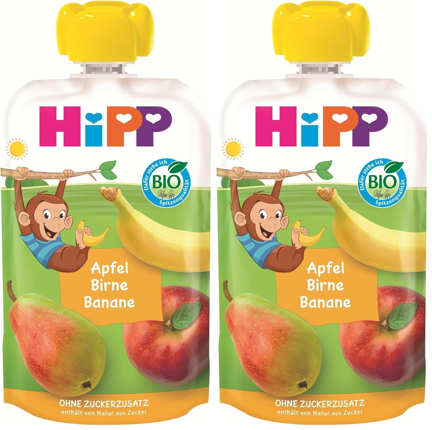 HiPP økologiske frugtposer, kan presses, æble, pære, banan - Anton Maimuta (8 x 100g), fra 1 år, 100% frugtpuré, uden tilsat sukker, vegansk, bedste økologiske kvalitet (pakke med 2)