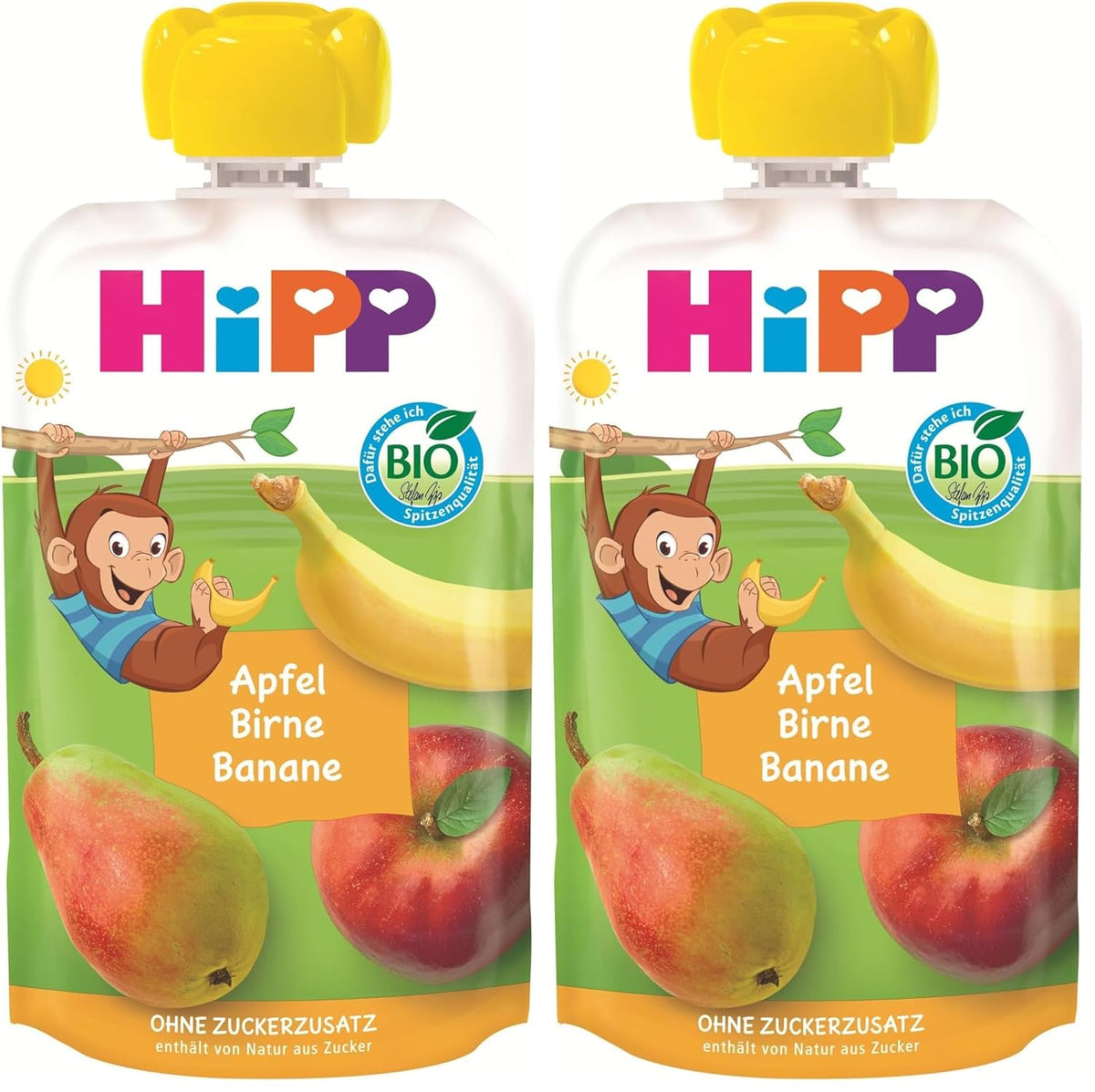 HiPP økologiske frugtposer, kan presses, æble, pære, banan - Anton Maimuta (8 x 100g), fra 1 år, 100% frugtpuré, uden tilsat sukker, vegansk, bedste økologiske kvalitet (pakke med 2)