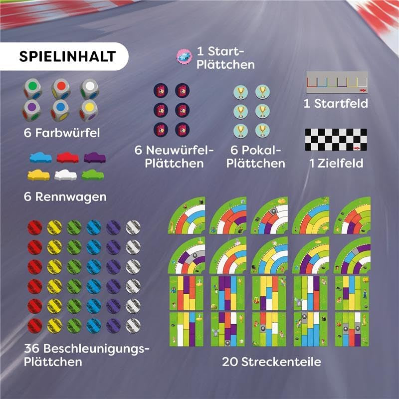 HABA Monza - Hurtigt brætspil og bilspil for børn 5+ - med 6 farverige træbiler og farverige terninger - 2012226001
