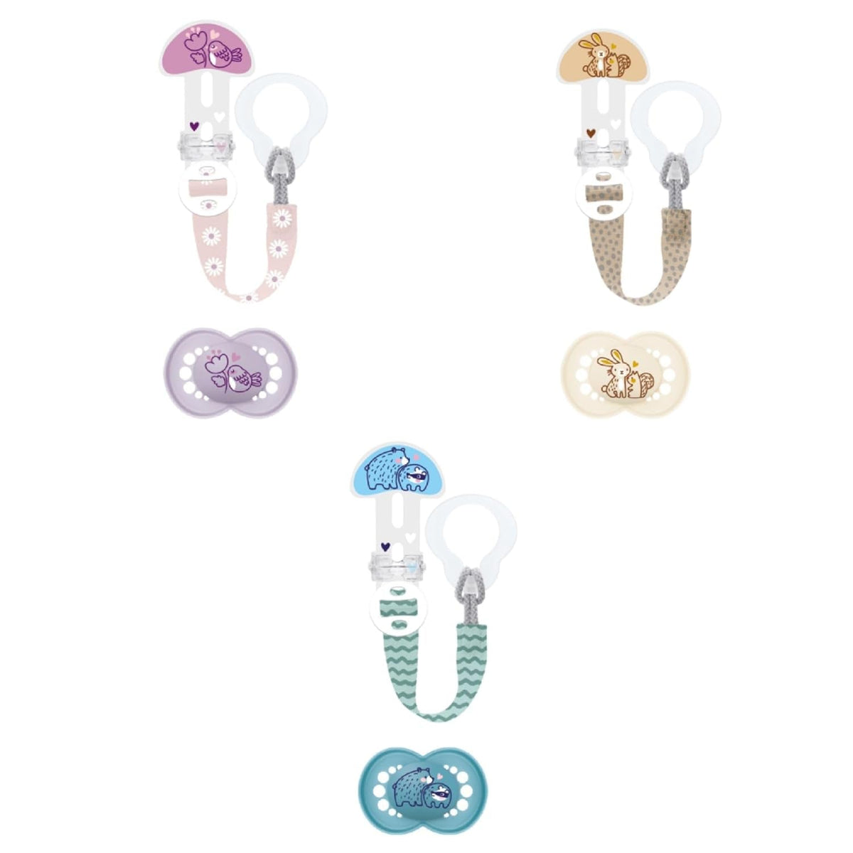 MAM | Suzetă și lanț pentru suzetă, 6+ luni, selecție aleatorie de culori, anatomică, simetrică, fabricată din silicon, lavabilă, lungime reglabilă, compatibilă cu toate tipurile de suzete