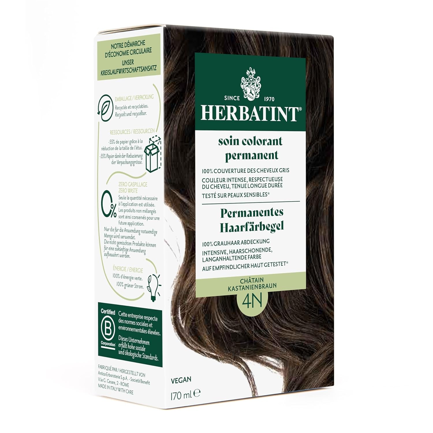 Gel pentru vopsirea permanentă a părului 6N blond închis - 170 ml I Fără amoniac, acoperire 100% a părului gri I Testat pe piele sensibilă, cu 8 extracte de plante Vopsea pentru par Naty Shop 4N maro castaniu