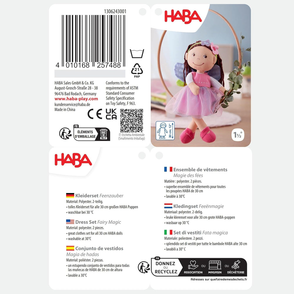 Haine pentru păpuși HABA Fairy Magic – set de 2 piese pentru păpuși cu vârsta de 18 luni și peste (30 cm) – rochie cu tul și aripi, bandă pentru păr cu flori inclusă – 1306243001