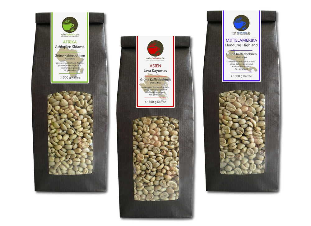 Cafea crudă - Cafea verde Etiopia, Java, Honduras organică (pachet redus boabe de cafea verde 3x500g) - certificată GMP