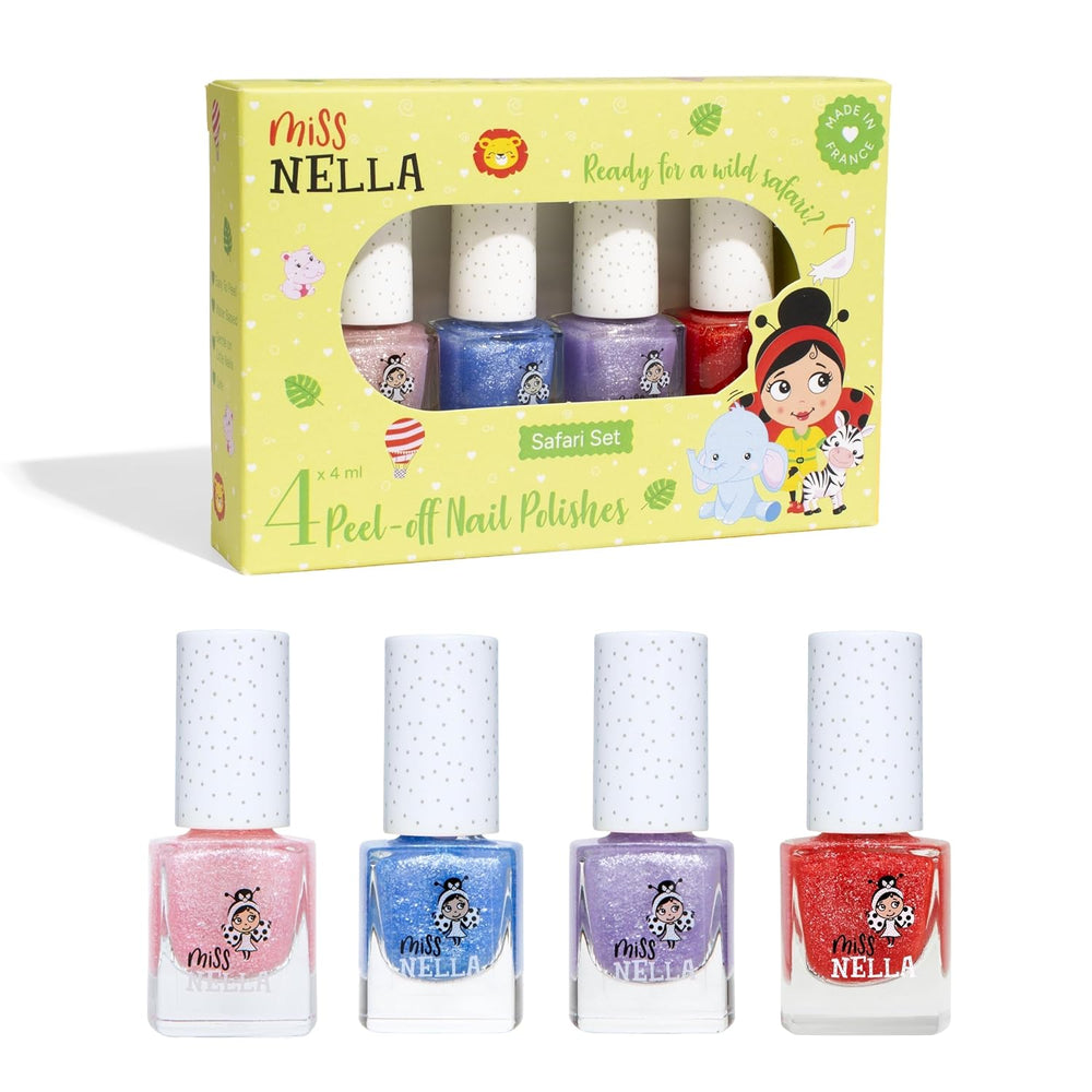 Miss Nella Magic Collection 4-delt glitter neglelaksæt: Pink, rød, guld og blå, special aftagelig neglelak til børn, ikke-giftig, vandbaseret, lugtfri