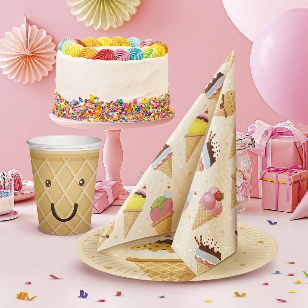 PAW - Șervețele 3 straturi (33 X 33 Cm) I 20 bucăți I Perfect pentru petreceri, zile de naștere, sărbători I Decorațiuni de masă pentru petrecerile copiilor - Șervețele de hârtie colorate cu motiv - Ice Cream I Ice Cream