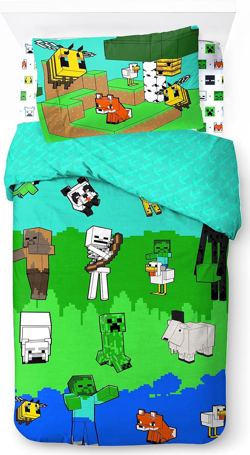 Sengetøj til børn, unisex, prinsesser og superhelte, 100% bomuld Sengetøj - børn Naty Shop Multicolor - Minecraft 135X200/50X70 (3 stk)