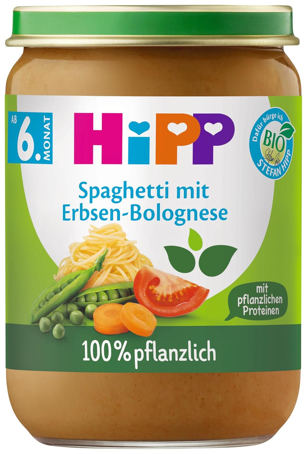 HiPP økologisk spaghetti bolognese med ærter (6 x 190 g), babymåltid fra 5/6 måneder, 100 % plantebaseret, uden tilsat salt, bedste økologiske kvalitet