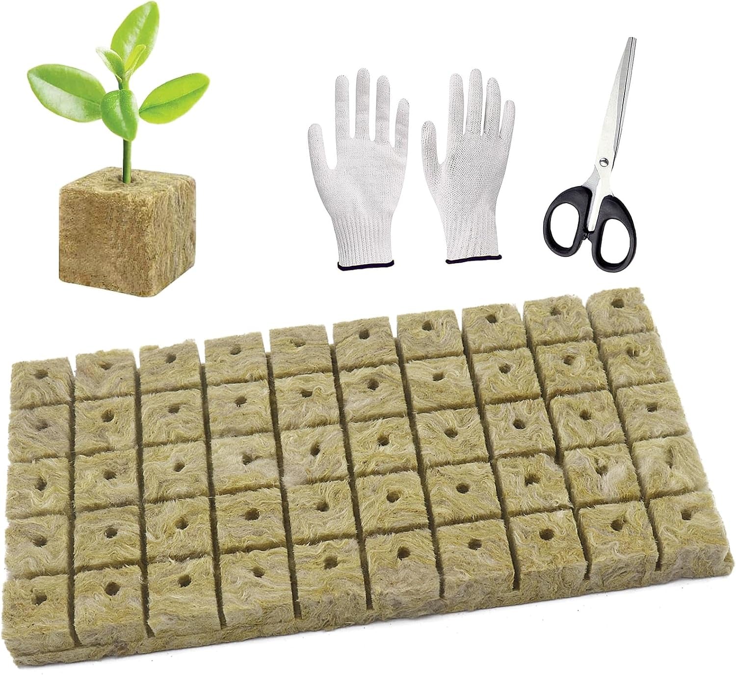 50 stk Mineraluldsdyrkningsmåtte, Mineraluldsterning, Mineraluldsisolering, Mineraluldsdyrkningsmåtte med saks og handsker til jordfri dyrkning, hydroponi og transplantation