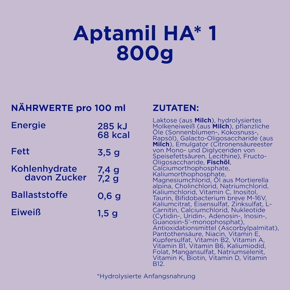 Aptamil HA 1 - Modermælkserstatning fra fødslen, med DHA, laktosefri, palmeoliefri, babymad, mælkepulver, 1 x 800 g