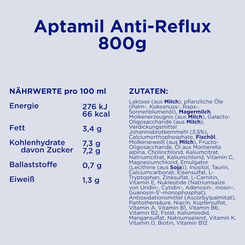 Aptamil Anti-Reflux - Komplet formel fra fødslen Diætstyring Opkastning og opstød Babymad Mælkepulver 1 x 800 g