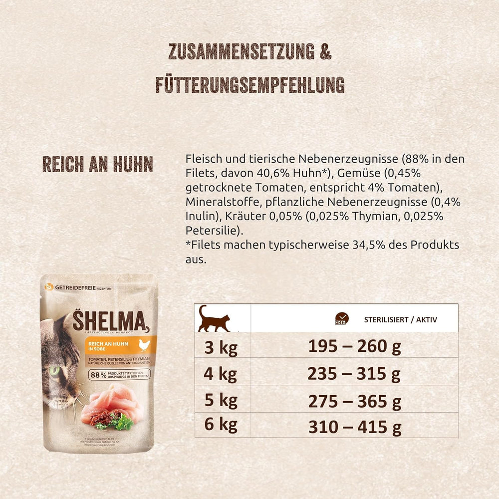 Hrană umedă pentru pisici Shelma cu pui în sos cu roșii și ierburi – Hrană completă fără cereale cu conținut ridicat de carne – 28 x 85 g (2,38 kg)