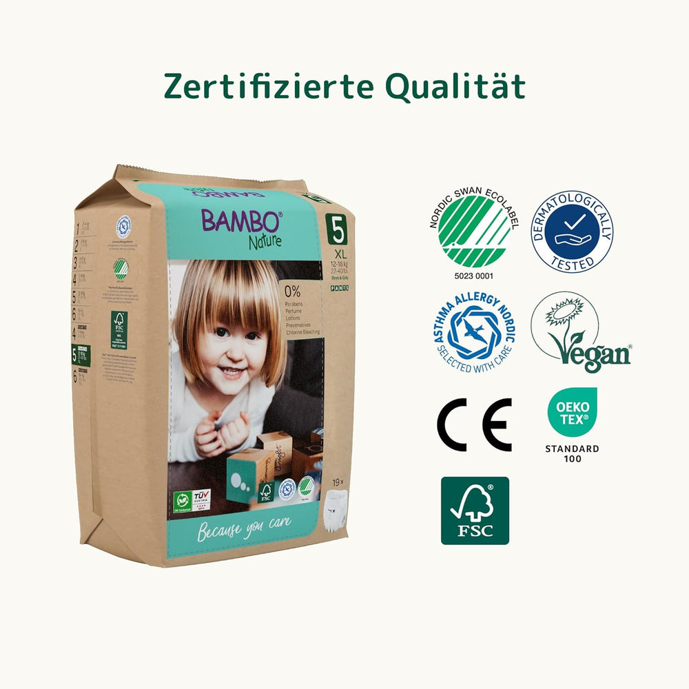 Bambo Nature bleer, størrelse 5 (11-17 kg) - Månedlig æske med 95 | Bleer med forbedret lækagebeskyttelse | Ultimativ komfort og frihed for aktive børn | Dermatologisk testede bleer