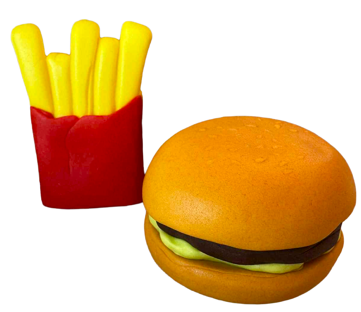 Spiselige kagedekorationer Hamburger og pomfritter – sæt med 2 fondantfigurer (~6 cm)