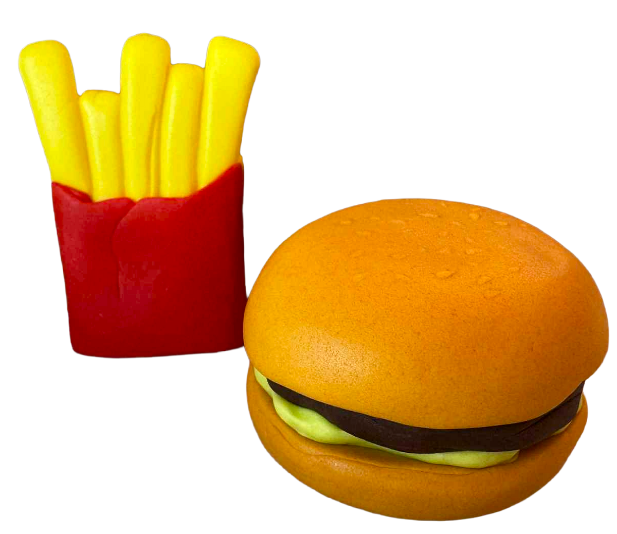 Spiselige kagedekorationer Hamburger og pomfritter – sæt med 2 fondantfigurer (~6 cm)