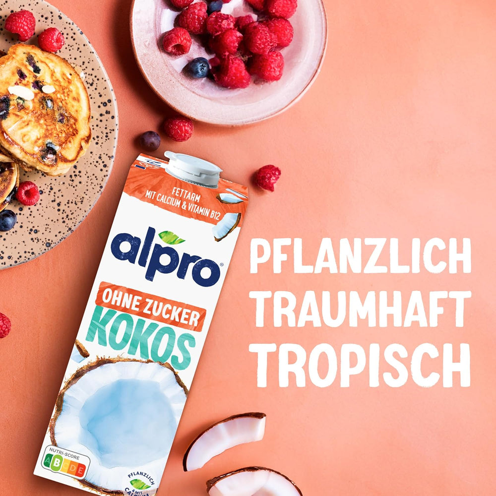 Alpro Kokosnussdrink ohne Zucker – Ohne Süßstoffe – Vegan und milchfrei – Von Natur aus lactosefrei und fettarm – Rich an Calcium und Vitaminen – 8 x 1 L