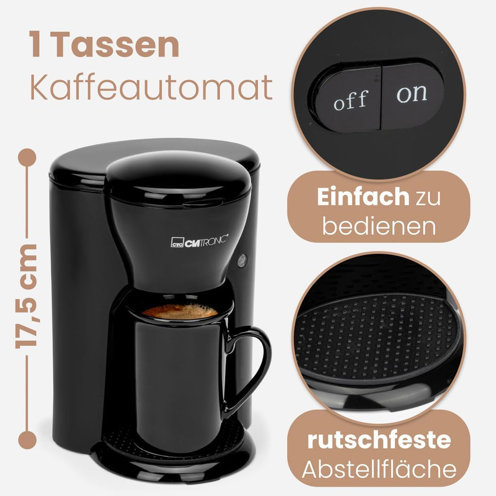 Cafetieră Clatronic® cu 1 ceașcă | Espressor perfect pentru persoane singure | Espressor cu filtru, inclusiv ceașcă ceramică | Espressor mic cu filtru, ideal pentru călătorii | KA 3356