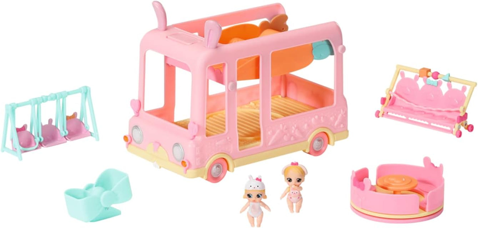 BABY born 904763 Autobuz Surpriză Bebeluși - autobuz de jucărie roz pentru păpuși mini mici, cu 2 păpuși exclusive, cărucior triplu, balansoar, carusel, tobogan și leagăn triplu.