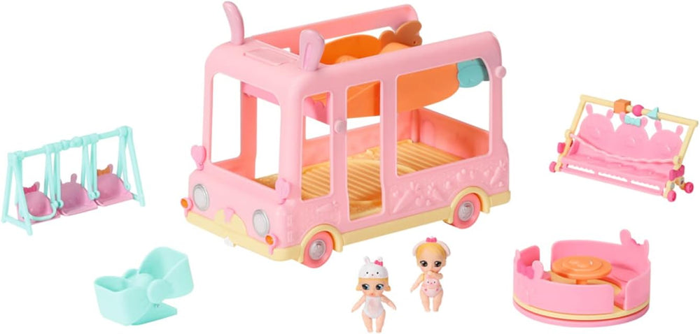 BABY born 904763 Autobuz Surpriză Bebeluși - autobuz de jucărie roz pentru păpuși mini mici, cu 2 păpuși exclusive, cărucior triplu, balansoar, carusel, tobogan și leagăn triplu.
