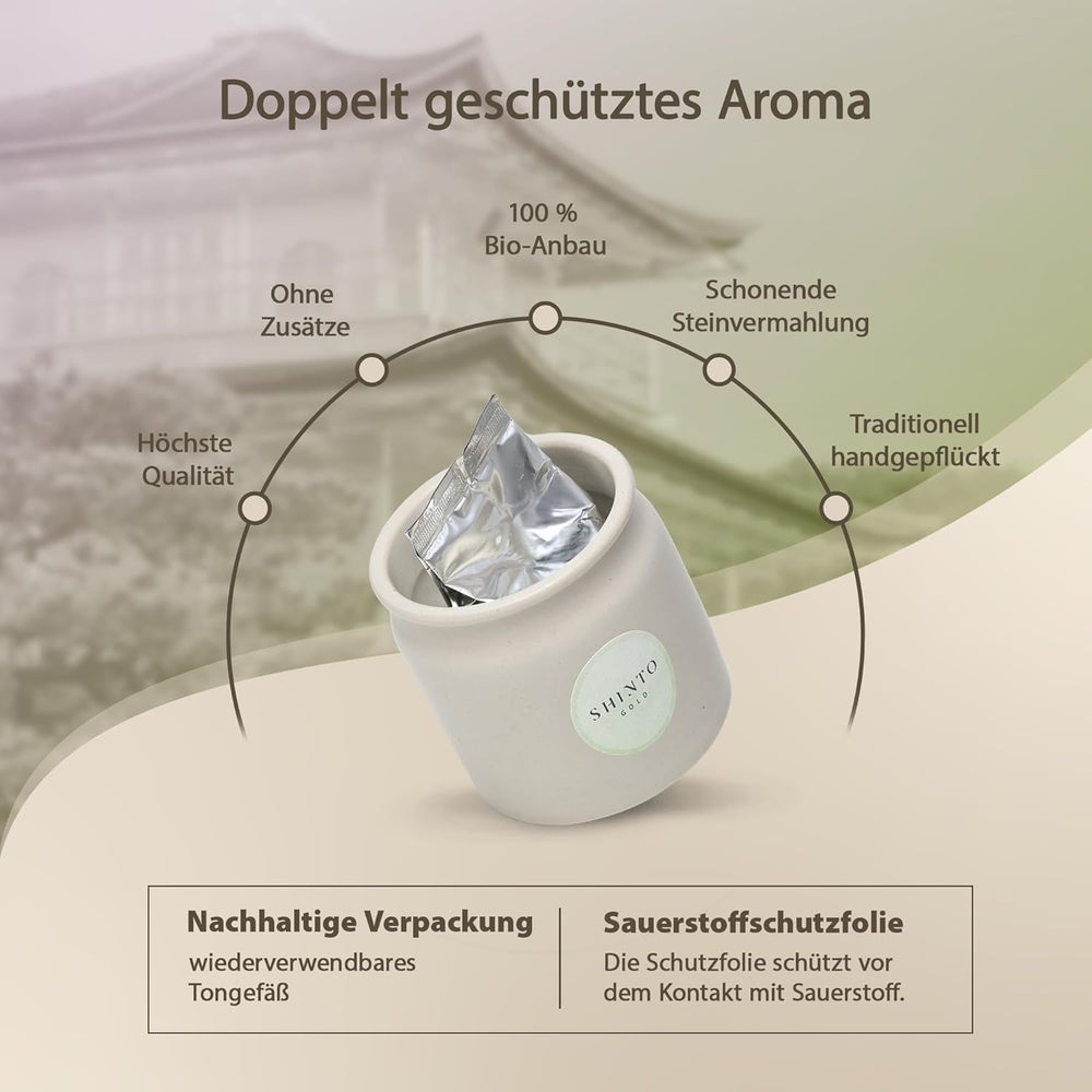 Shinto - Ceai Matcha organic „Gold” - Pulbere de ceai verde de calitate ceremonială - Certificat JAS &amp; EU BIO - Umbrit &amp; Cules manual - Import direct din Uji, Japonia - 30 g