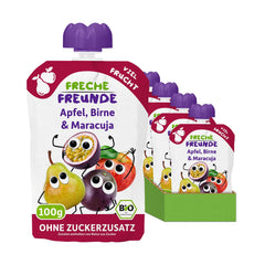 FRECHE FREUNDE Bio Quetschie Apple, Birne & Maracuja, Fruchtmus mit Obst im Quetschbeutel for Babies from 6. Month, vegan, 6er Pack (6 x 100g)