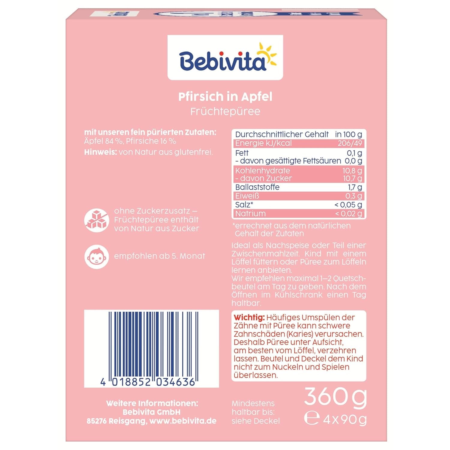 Peach Apple-pakninger - 16 pakker (4 pakker, 4 x 90 g hver), uden tilsat sukker, glutenfri, vegansk, ideel til babyer fra 5 måneder, perfekt til take-away