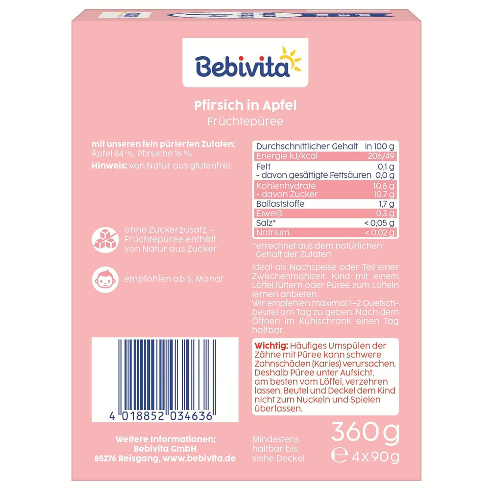 Peach Apple-pakninger - 16 pakker (4 pakker, 4 x 90 g hver), uden tilsat sukker, glutenfri, vegansk, ideel til babyer fra 5 måneder, perfekt til take-away