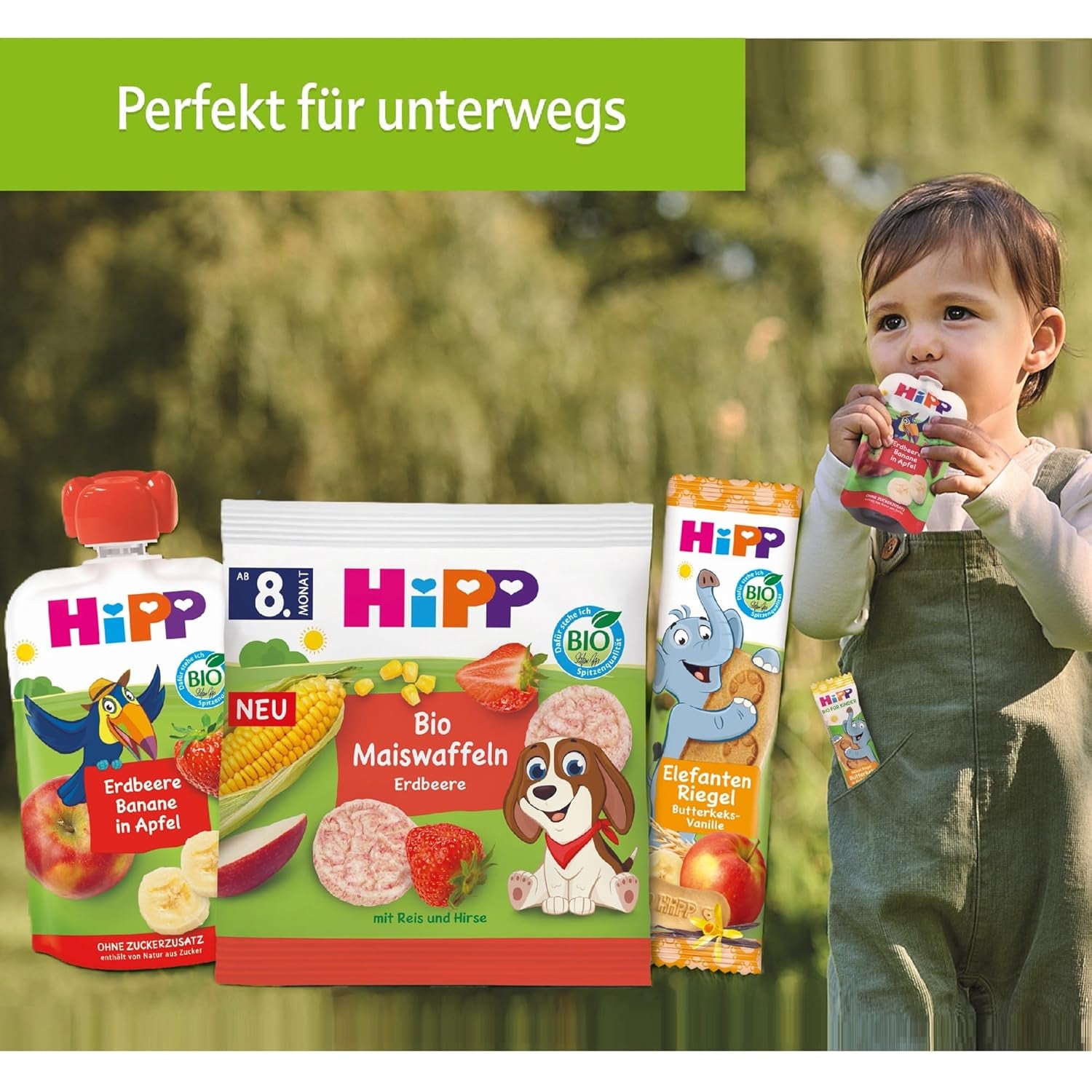 HiPP klembare poser med økologiske ferskner og bananer i poser med æbler og småkager - Felix the Lazy (8 x 100g), fra 1 år, frugt med korn, uden tilsat sukker, bedste økologiske kvalitet