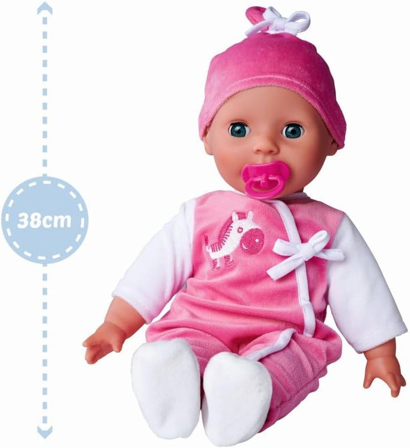 Simba 105140489 - Păpușa Laura Baby Talk, Păpușă cu corp moale de 38 cm și ochi adormiți, în salopă drăguță, 24 de sunete pentru bebeluși, Păpușă de joacă, Păpușă bebeluș, Vârste 2+