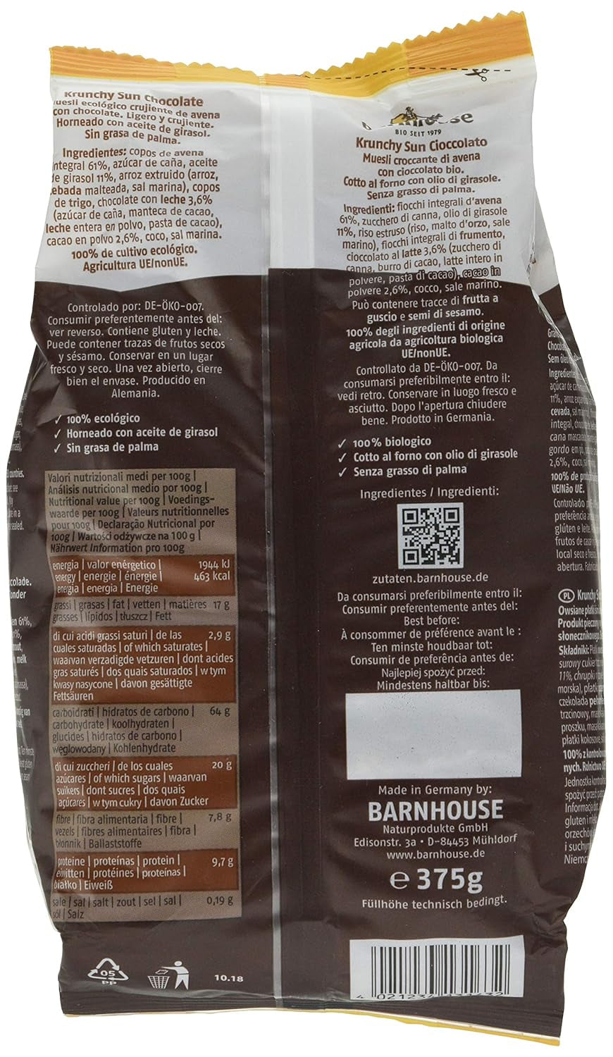 Barnhouse Krunchy Sun | Müsli med chokolade | Økologisk | Vegetarisk, 375 gram