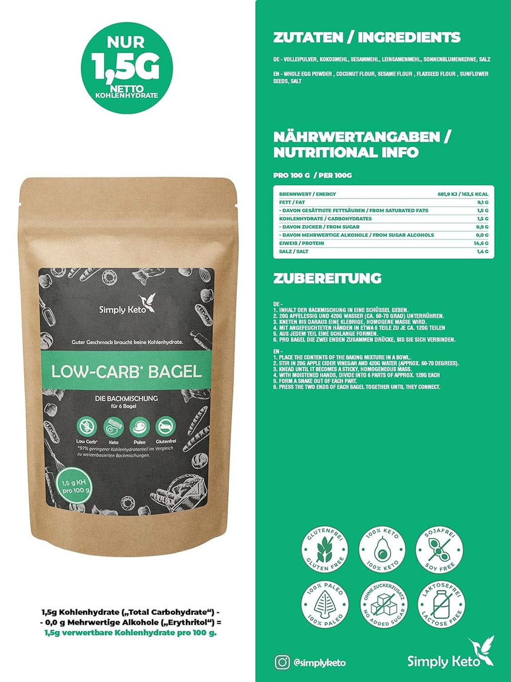 Simply Keto Lower Carb* Bagel Baking Mix pentru Lower Carb* și dieta ketogenică - fără lactoză și gluten - 335 grame Bucatarie Naty Shop