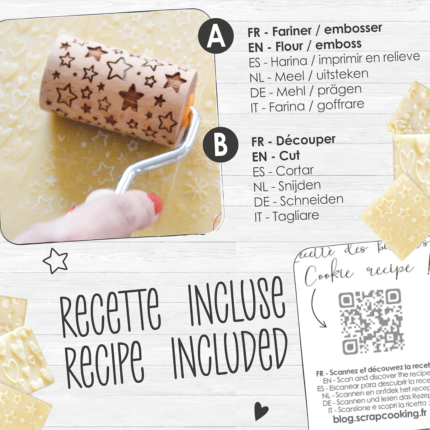 ScrapCooking 3798 Christmas Cookie Roll Set – 3 Mini-Gebäckrollen aus Holz mit Motiven – Dekos mit Prägung – Form for Kekse, Sandgestrahlt, Kekse