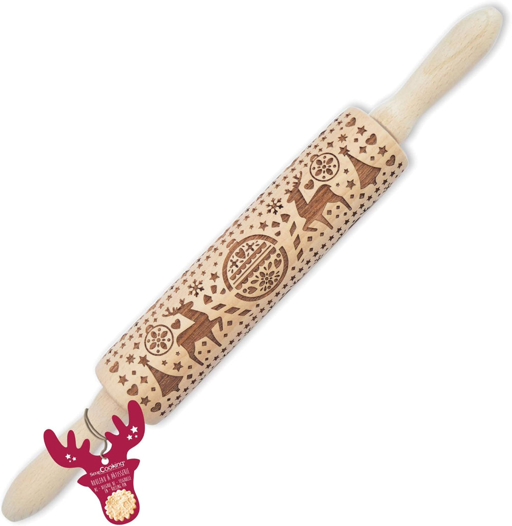 Scrap Cooking Teigrolle aus Holz "Xmas" mit weihnachtlichen Motiven – Prægerolle mit gepfragten Verzierungen für Kekse – dekorative Zubehör – 5242
