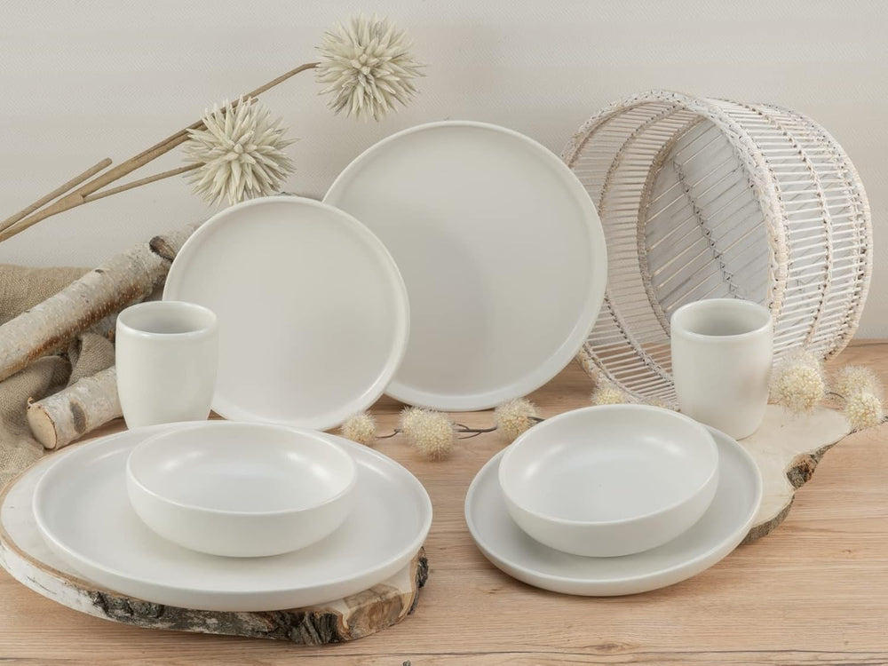 CreaTable, 33065, seria Uno alb-gălbui, set de veselă cu 12 piese, set de farfurii din gresie, potrivit pentru mașina de spălat vase și cuptorul cu microunde, fabricat în Portugalia