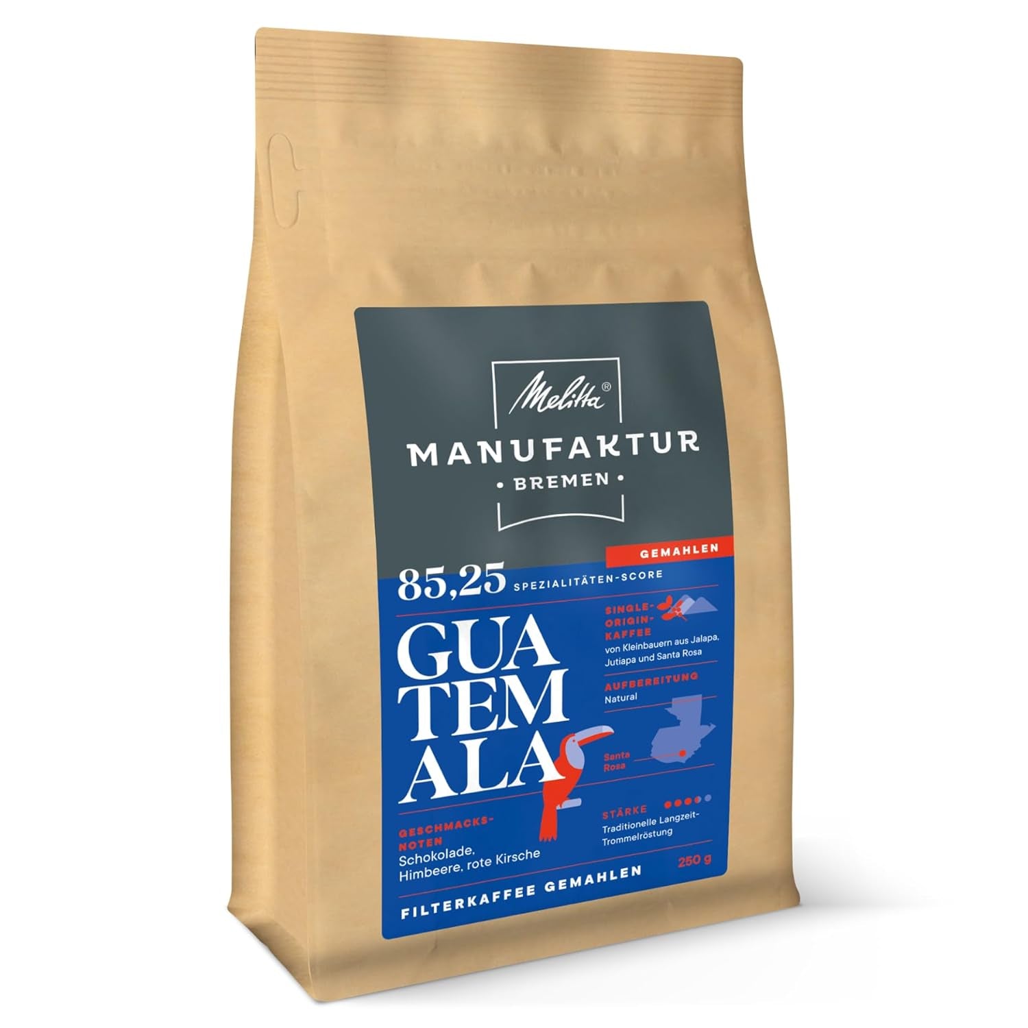 Melitta Manufaktur-Kaffee Guatemala honning, specialkaffe, 250 g, hele kaffebønner, umalet, enkelt oprindelseskaffe, delikat tromleristet, ristet i Tyskland, styrke 3 Naty Shop kaffe 250 gram Guatemala naturmalet