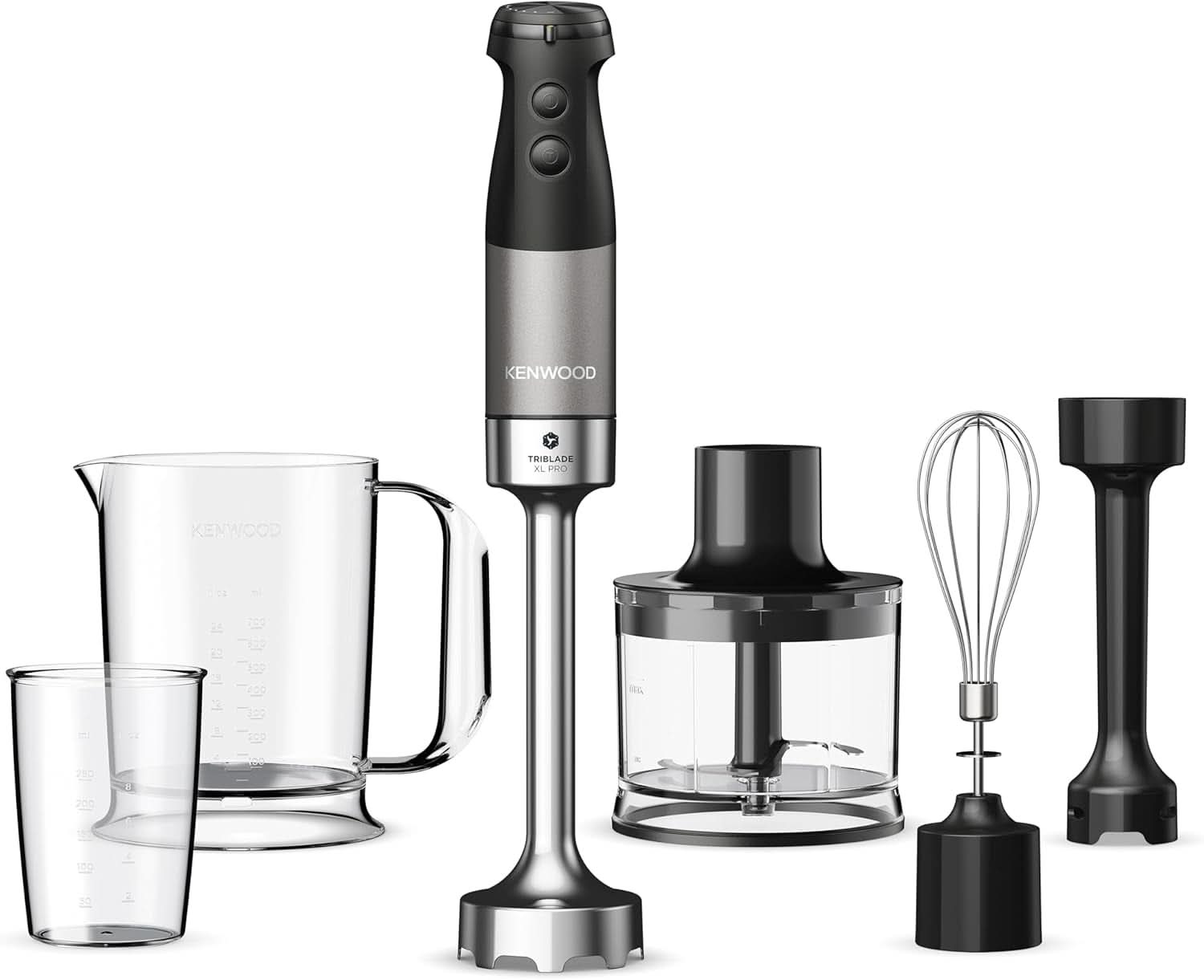 Kenwood Triblade XL Pro Stabmixer HBM80.322BK, 1200W, Variable Speeds, Edelstahl(Pürierfuß), Schneebesen, Emulgieraufsatz, 500Ml Zerkleiner, 700 & 250Ml Becher, Spülmaschinenfeste H2B Teile Bucat2 Bucat.