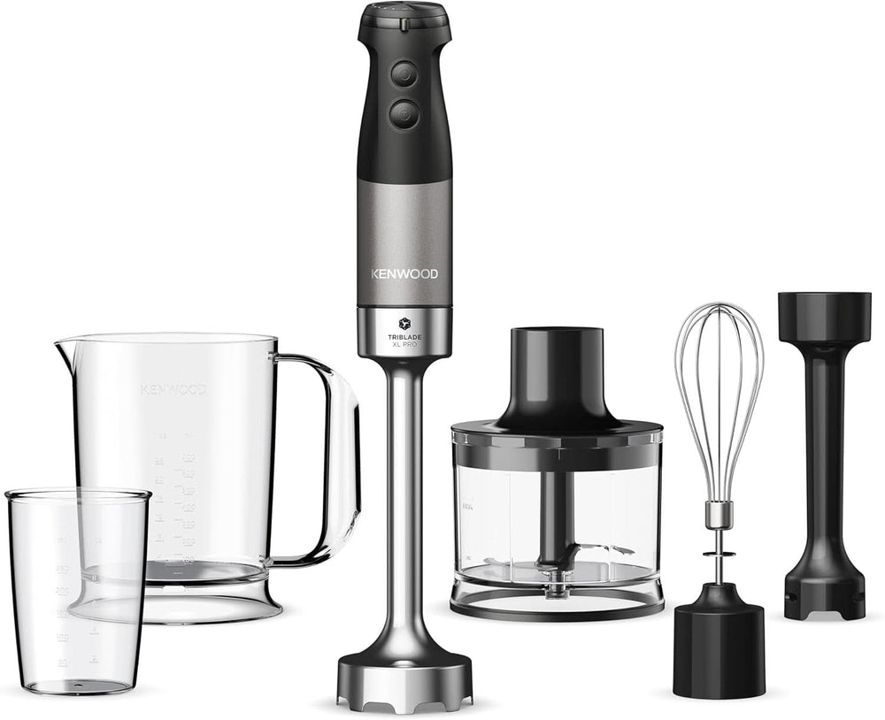 Kenwood Triblade XL Pro Stabmixer HBM80.322BK, 1200W, Variable Speeds, Edelstahl(Pürierfuß), Schneebesen, Emulgieraufsatz, 500Ml Zerkleiner, 700 & 250Ml Becher, Spülmaschinenfeste H2B Teile Bucat2 Bucat.