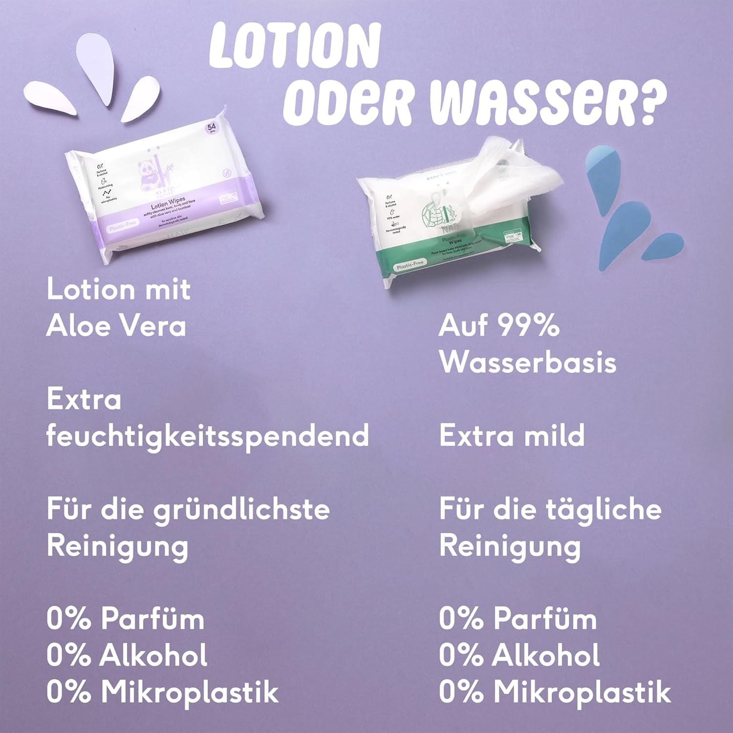 Naïf - Plastfri vådservietter - 864 stykker (16 pakker á 54 servietter) - Pleje af babys bund, krop og ansigt - 99% vand - 0% parfume og alkohol