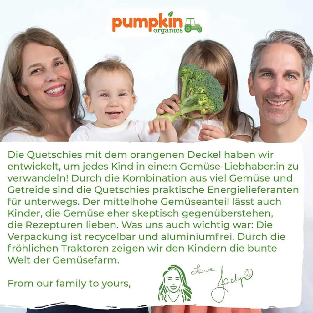 Pumpkin Organics Bio Gemüse-Getreide-Quetschie Kürbis, Birne, Apfel, Pflaume, Hafer ohne Zuckerzusatz¹ - ab 8 Monaten - as Snack eller Beikost für unterwegs (100g)