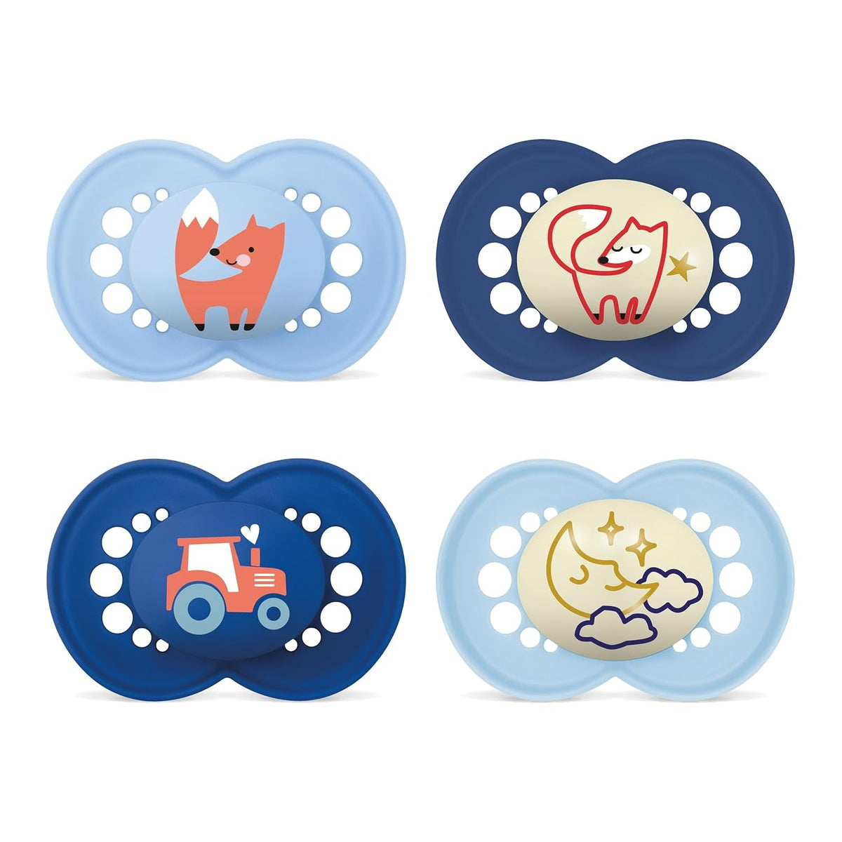 Suzetă MAM Original Day & Night Matt | 6-16 luni | Acceptare 94% | Suzeta pentru bebeluși ajută la prevenirea alinierii dinților nedoriți | Dezvoltată împreună cu dentiști | Silicon SkinSoft | Vulpe/Lună | Pachet de 4