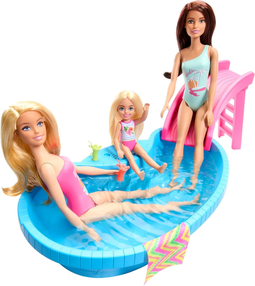 Păpușă Barbie și accesorii - piscină cu tobogan și accesorii pentru ore întregi de distracție la soare, costum de baie roz cu design tropical, pentru copii cu vârsta de 3 ani și peste, HRJ74