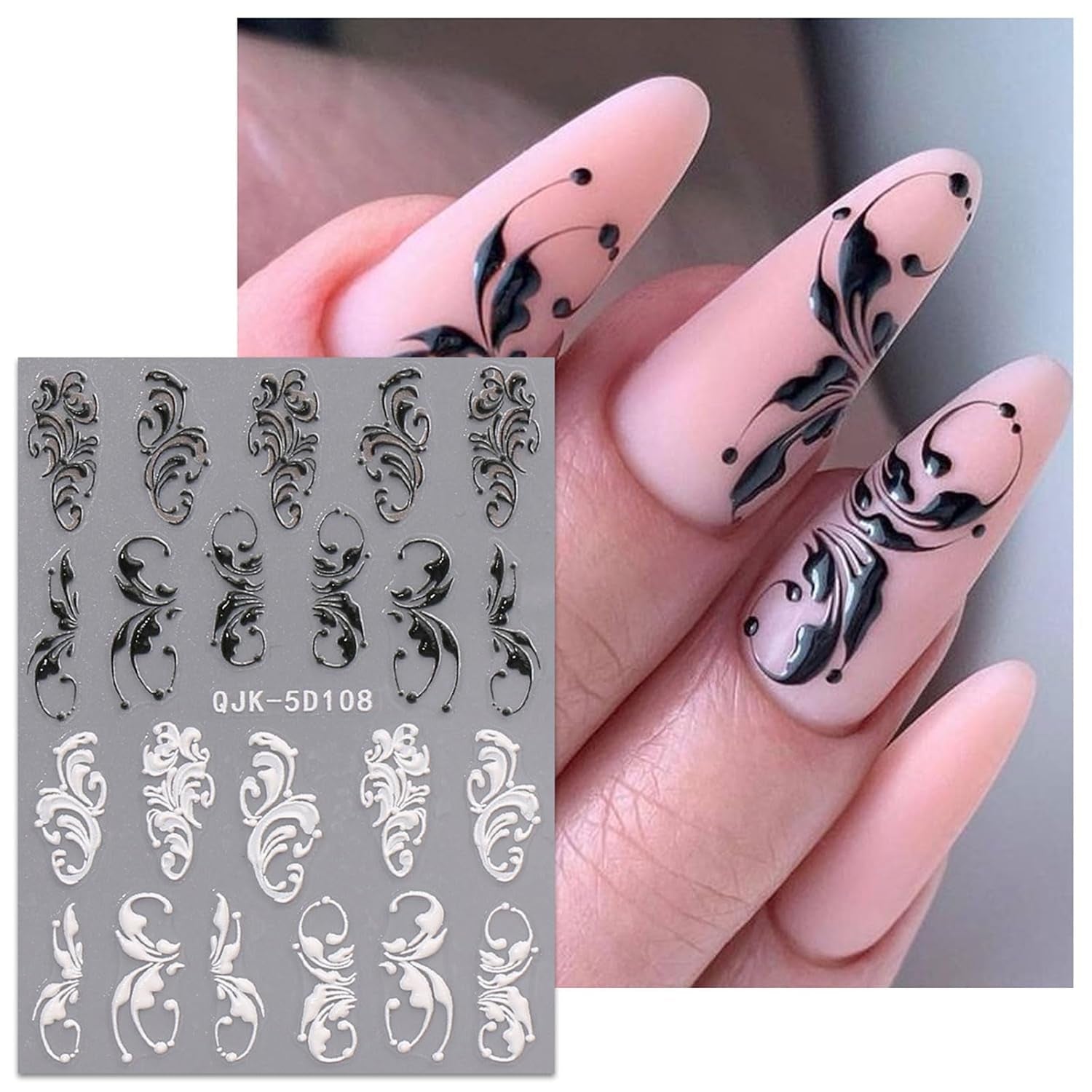 JMEOWIO 3D Nagelsticker Schwarz Weiß Blume Nail Art Sticker Selbstklebend Nagelaufkleber 5D Stereoskopisch Blumen Dekoration Nageldesign Zubehör 4 Blatt