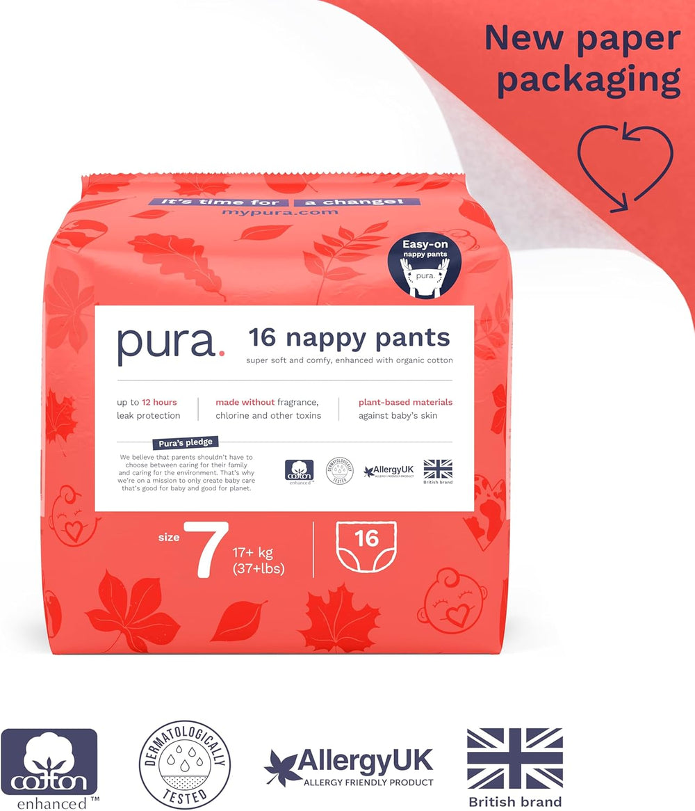 Miljøvenlige trusser, størrelse 7 (17 kg+), 16 stk, engangsundertøj til sensitiv og allergisk hud, parfumefri, sidetræk