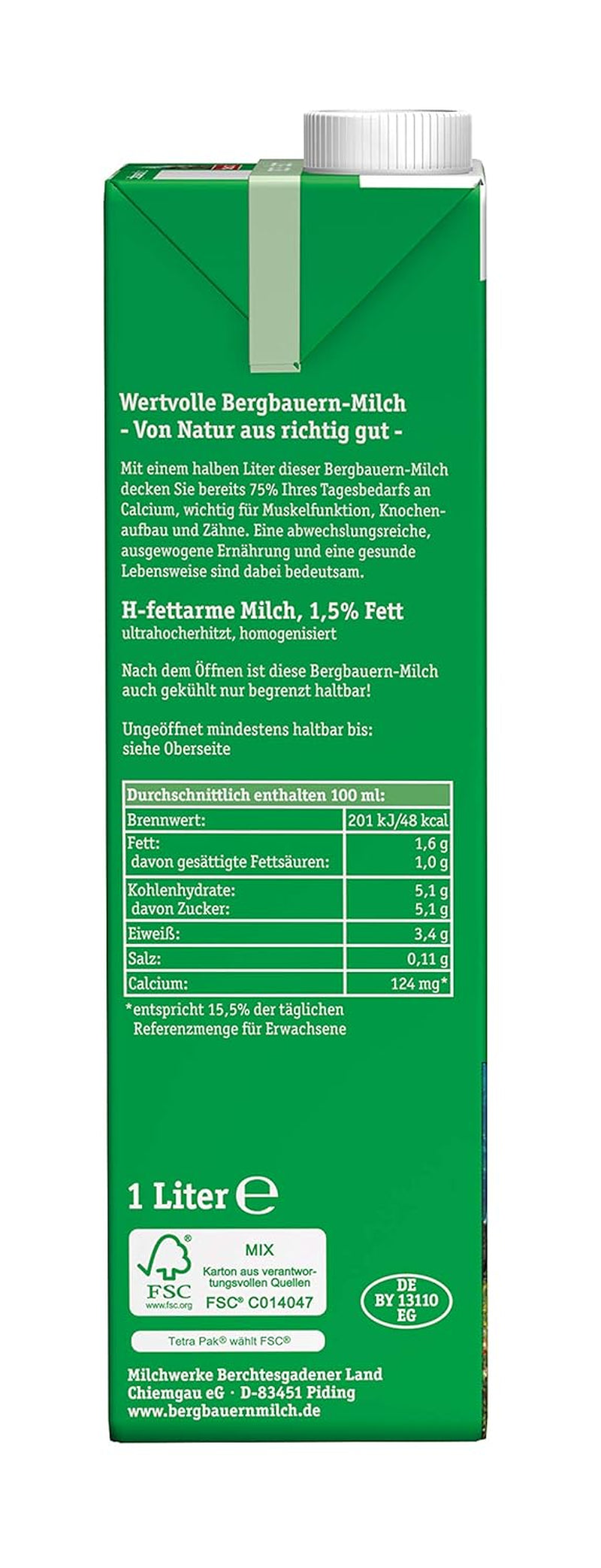 Berchtesgadener Land Haltbare Bergbauern-Milch, 1,5 % fedt, 12er pakke (12 x 1 l)