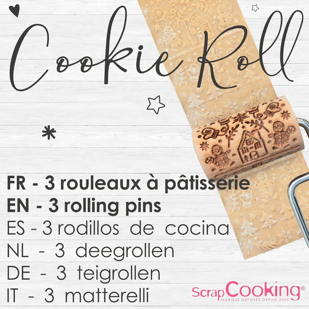 ScrapCooking 3798 Christmas Cookie Roll Set – 3 Mini-Gebäckrollen aus Holz mit Motiven – Dekos mit Prägung – Form for Kekse, Sandgestrahlt, Kekse