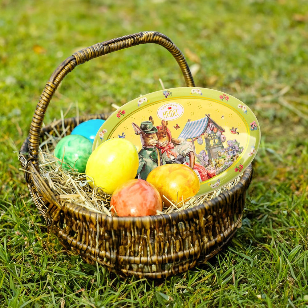 Heidel påskekort gaveæske 183g, premium mælkechokoladepraline med dekorativ metalæske, ideel som påskegave