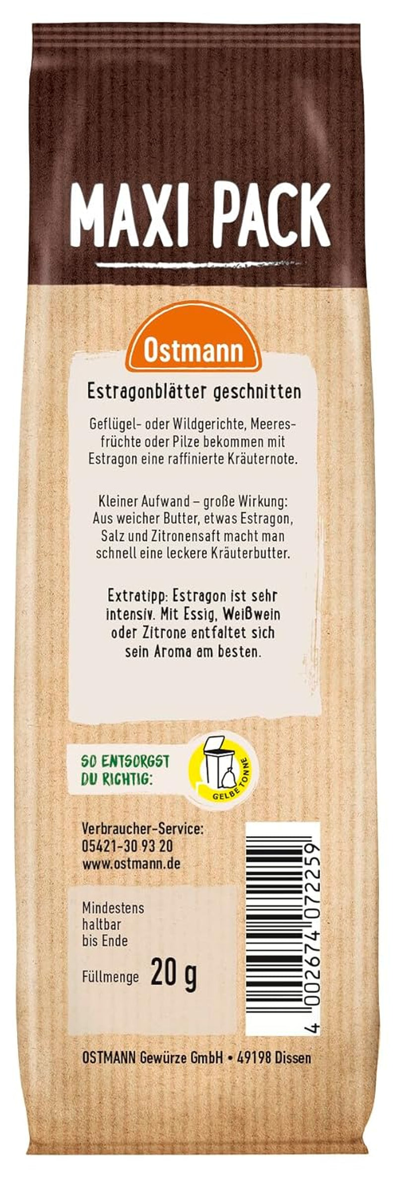 Ostmann Gewürze - Estragonblätter geschnitten | Zum Verfeinern von Salatsaucen, Gemüsegerichten og Remouladen | 20 g i pose