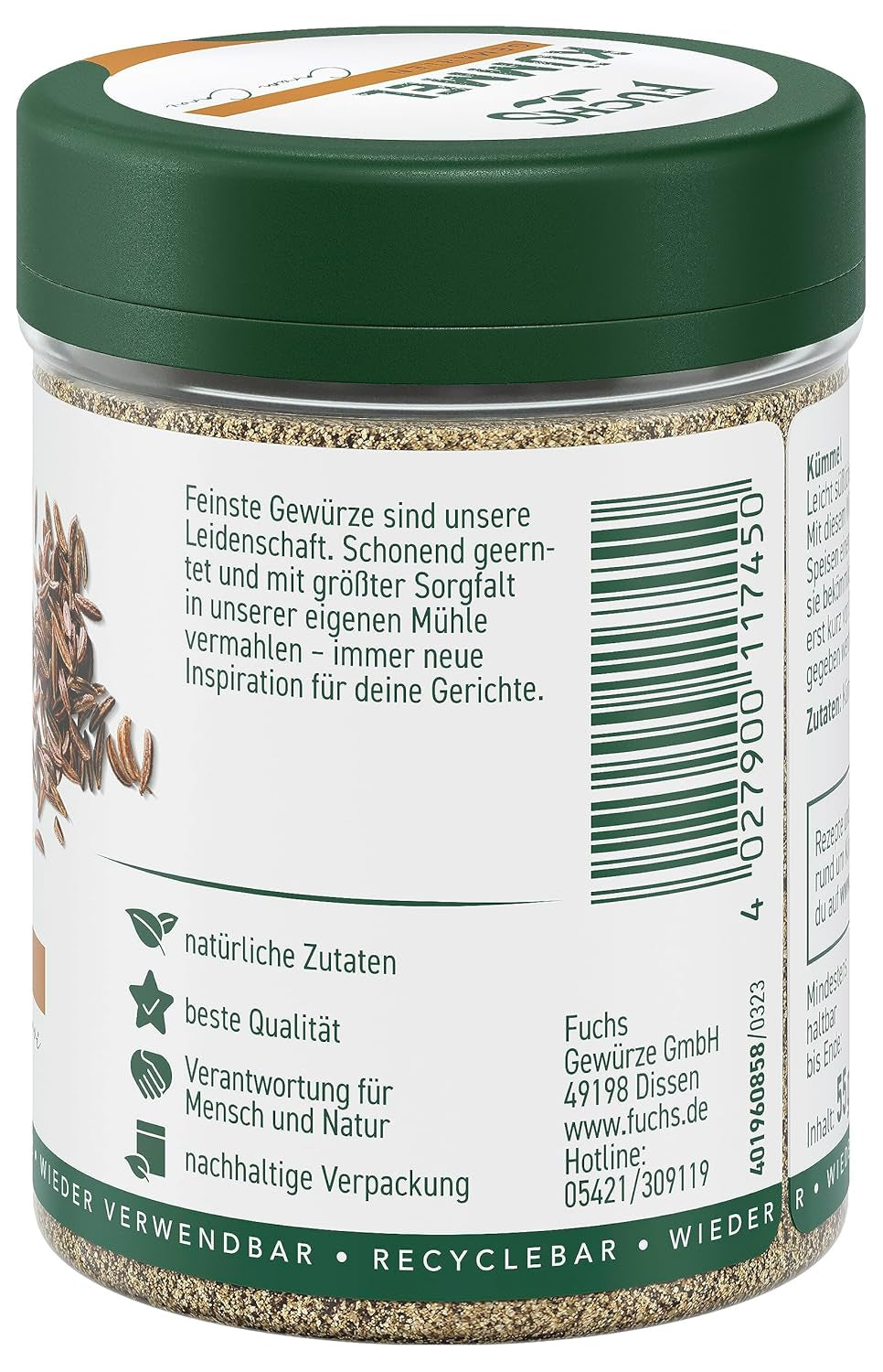 Fuchs Gewürze - Kümmel gemahlen - klassisches Gewürze für daftige Gerichte wie Chili con Carne - naturlige ingredienser - 55 g i wiederverwendbarer, genbrugsbarer Dosis