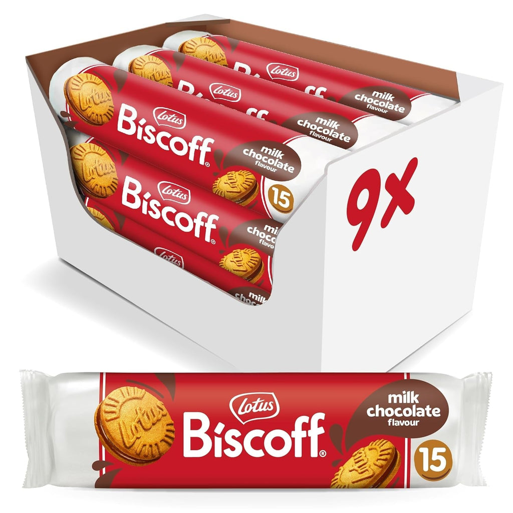 Lotus Biscoff | Biscuiți gemeni tip sandwich cu umplutură de cremă Biscoff | 15 biscuiți tip sandwich per pachet | Doar ingrediente naturale | Vegani | Fără coloranți sau arome adăugate | 9 x 150g | 1,35 kg