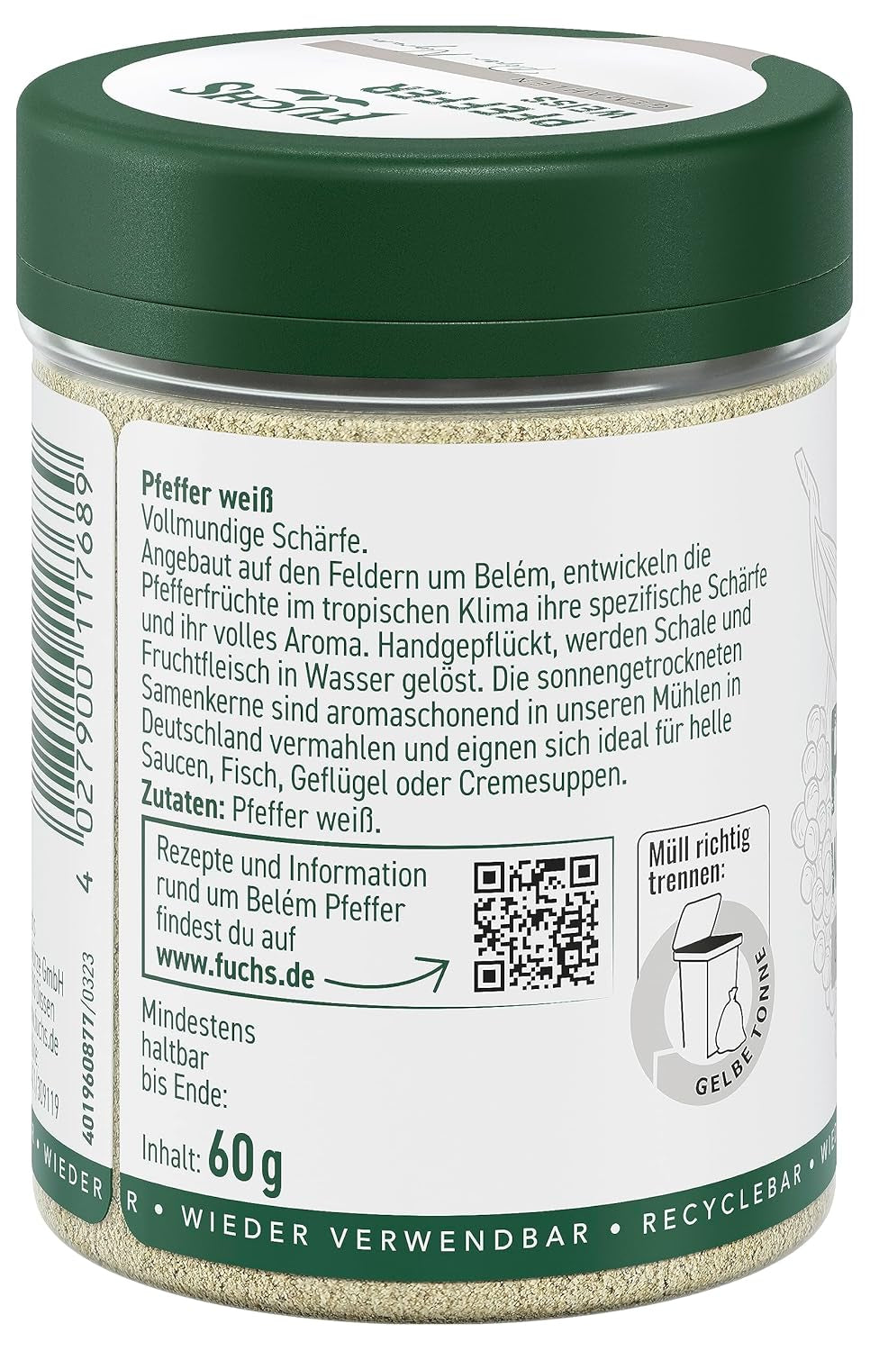Fuchs Gewürze - Pfeffer weiß gemahlen - Pfeffer aus dem Amazonasgebiet, für helle Saucen, Fisch eller Suppen - naturlige ingredienser - 60 g i wiederverwendbarer, genbrugsbarer Dosis
